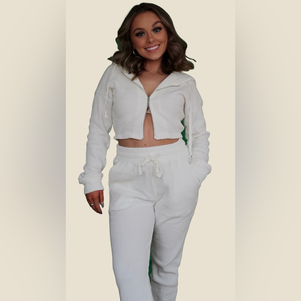 Women's White Ribbed Pants & Jumpsuit Set
